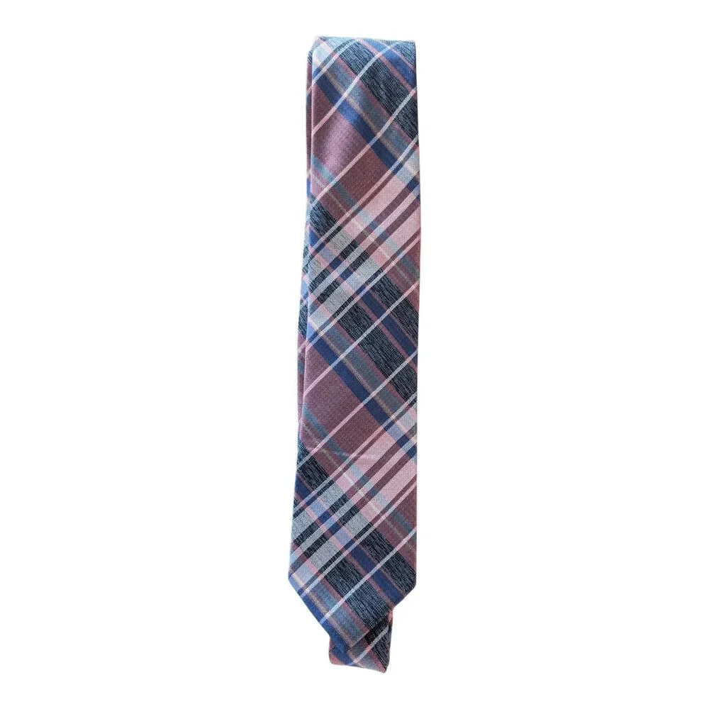 PRONTO UOMO Men's 100% Silk Necktie Designer Plaid Pink Blue Narrow Stylish